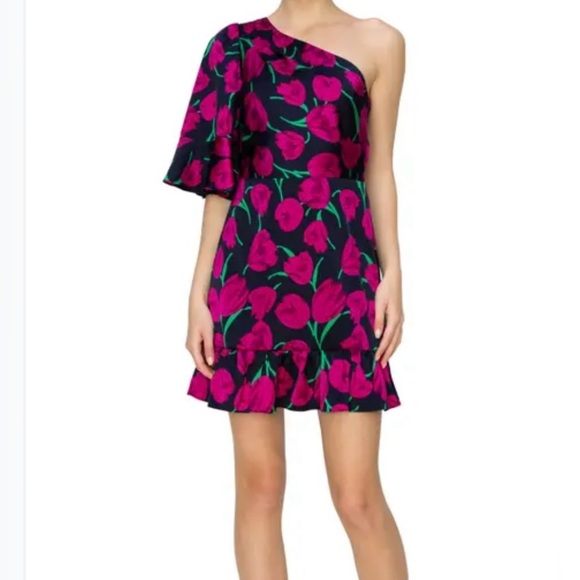 MELLODAY Pink and Navy Floral One Shoulder Ruffled Dress size Large - Picture 1 of 10